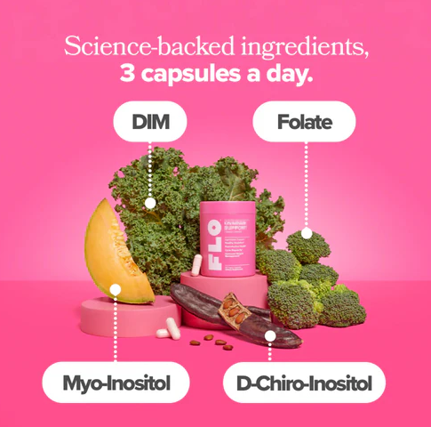 O Positiv FLO Apoyo a la salud ovárica, equilibrio hormonal para mujeres, suplemento con DIM, Myo y D-Chiro inositol, ácido fólico, apoya la ovulación saludable, regularidad del ciclo, 90 cápsulas ( 1 Frasco )