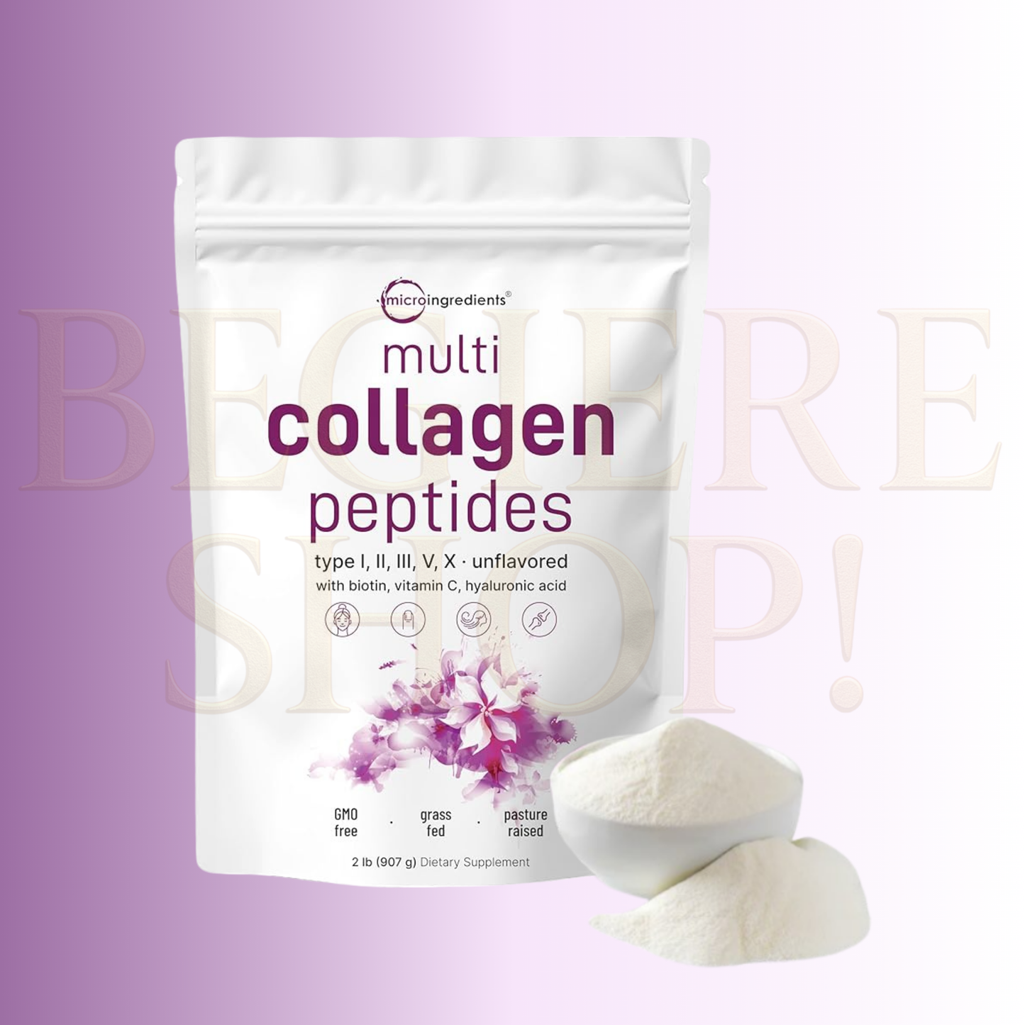 Multi Collagen Peptides Powder, 16 onzas – Péptidos de proteína hidrolizados | Tipo I, II, III, V, X con ácido hialurónico, biotina y vitamina C – Sin sabor – Apto para Keto y Paleo